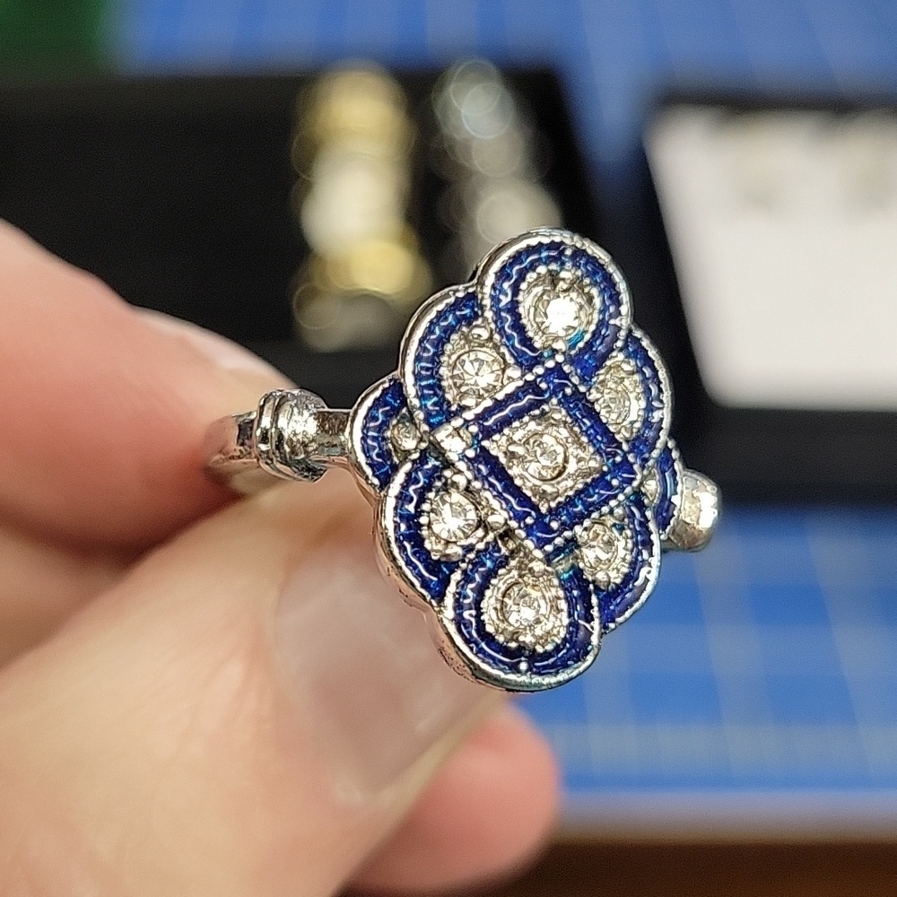 Rhinestone Blue & Clear Silver Tone Ring